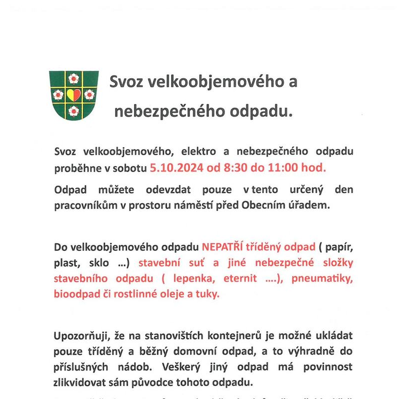 Svoz velkoobjemového a nebezpečného odpadu proběhne v sobotu 5.10.2024