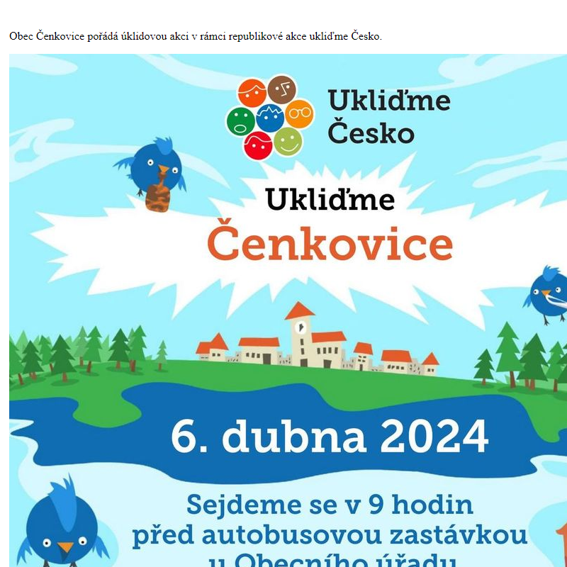 Obec Čenkovice pořádá úklidovou akci dne 6.4.2024 v rámci akce Ukliďme Česko