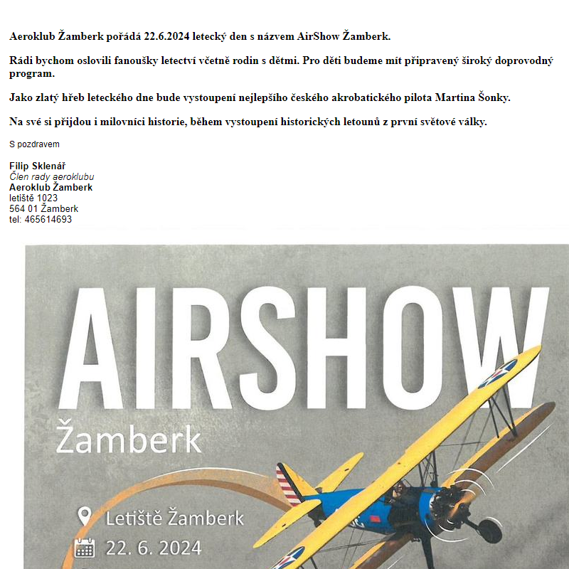 Aeroklub Žamberk pořádá 22.6.2024 letecký den s názvem AirShow Žamberk