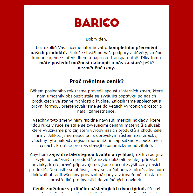 Měníme ceník produktů BARICO