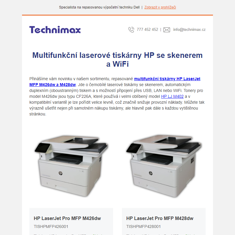 Multifunkční laserové tiskárny HP se skenerem a WiFi