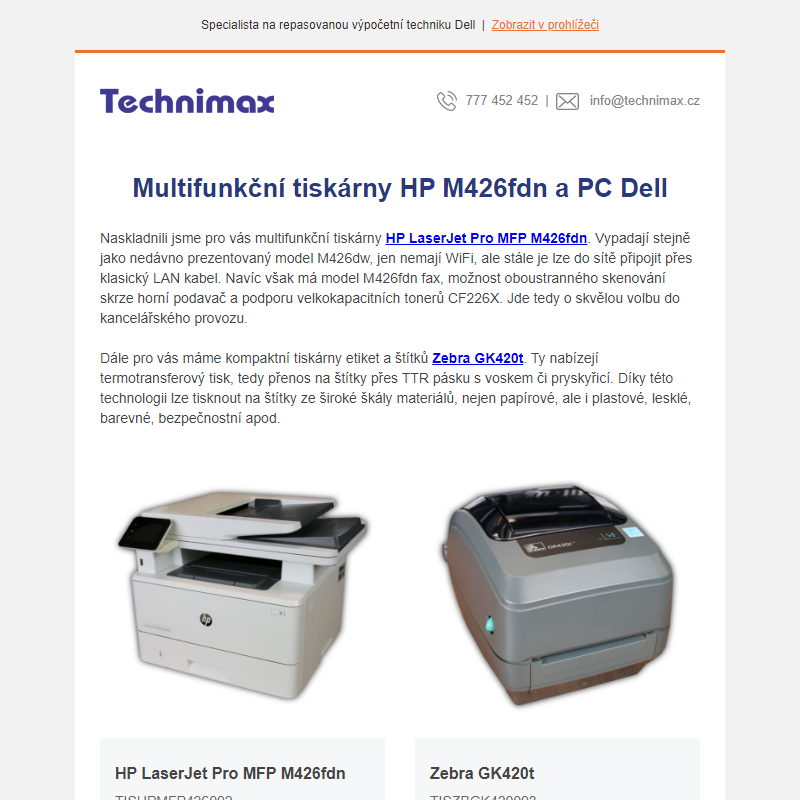 Multifunkční tiskárny HP M426fdn a PC Dell