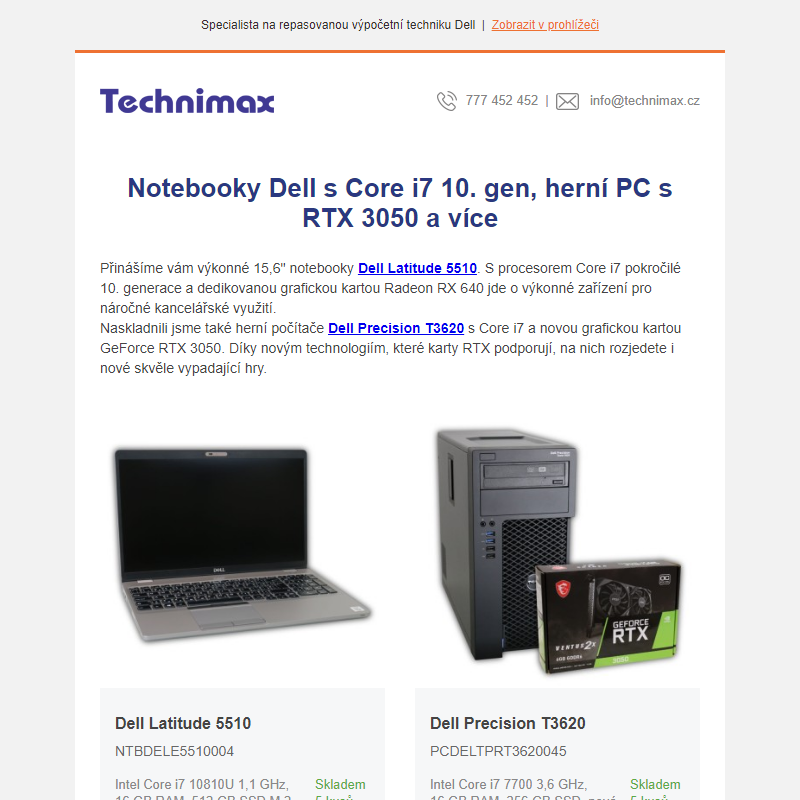 Notebooky Dell s Core i7 10. gen, herní PC s RTX 3050 a více