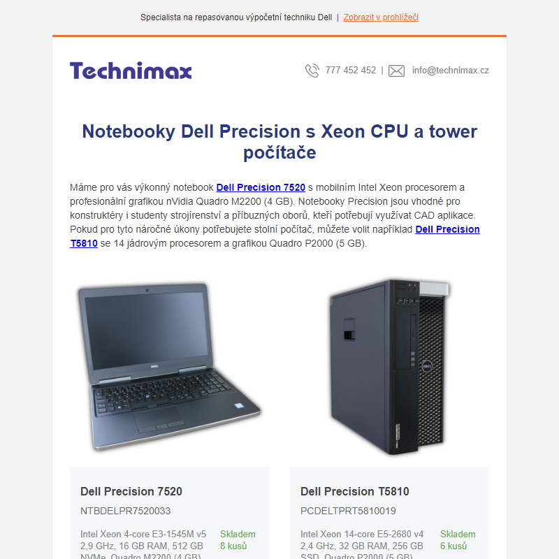 Notebooky Dell Precision s Xeon CPU a tower počítače