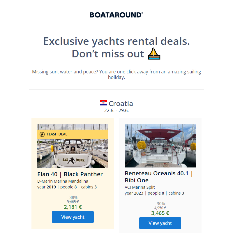 Exclusive yachts rental deals. Don’t miss out _