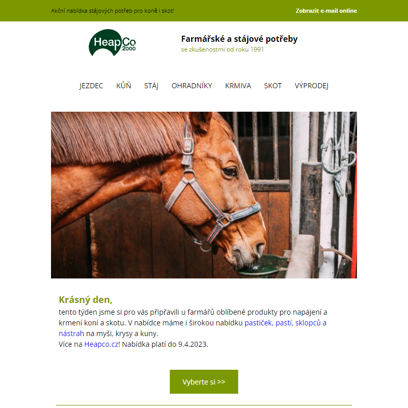 Akční nabídka stájového vybavení pro koně a skot