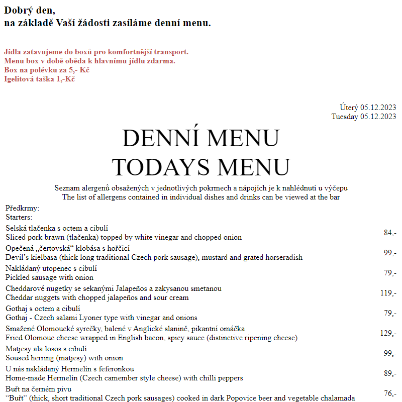 Dejvická sokolovna - Denní menu 5.12.2023