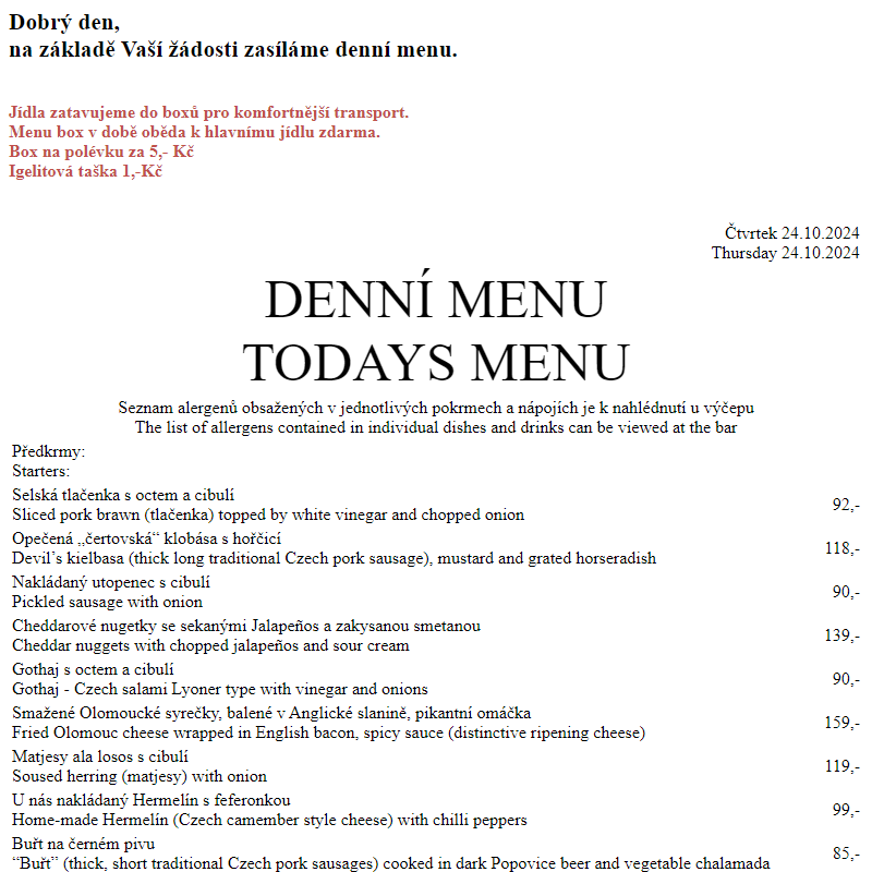 Dejvická sokolovna - Denní menu 24.10.2024