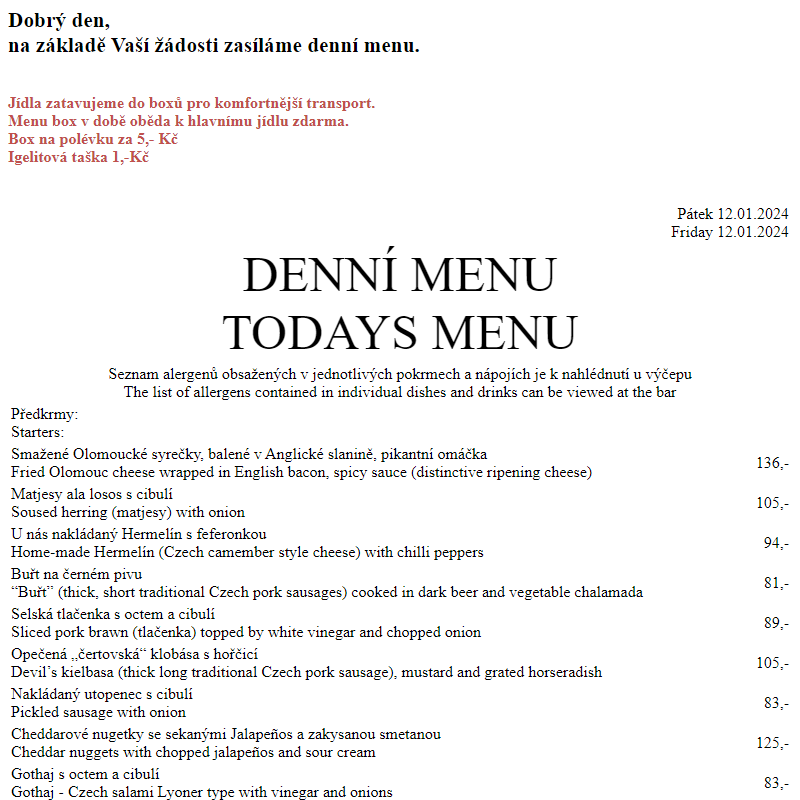 Dejvická sokolovna - Denní menu 12.1.2024