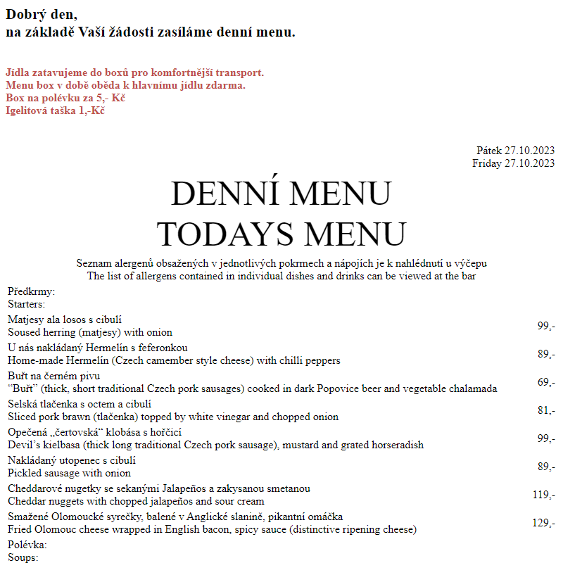 Dejvická sokolovna - Denní menu 27.10.2023