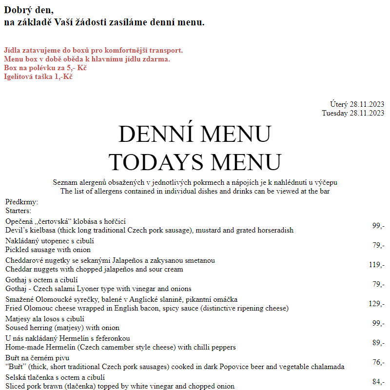 Dejvická sokolovna - Denní menu 28.11.2023