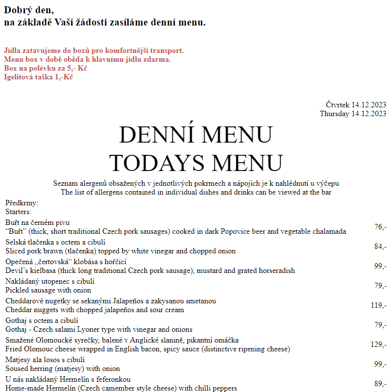 Dejvická sokolovna - Denní menu 14.12.2023