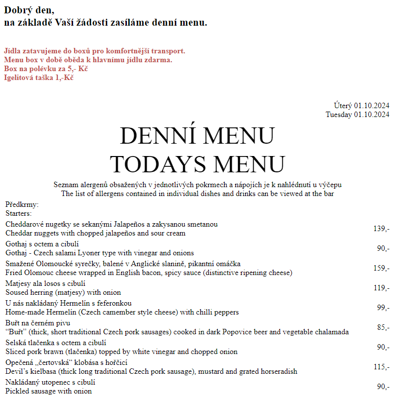 Dejvická sokolovna - Denní menu 1.10.2024