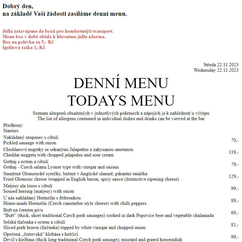 Dejvická sokolovna - Denní menu 22.11.2023