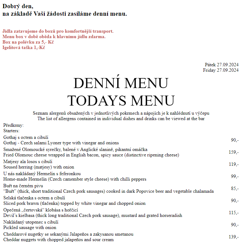 Dejvická sokolovna - Denní menu 27.9.2024