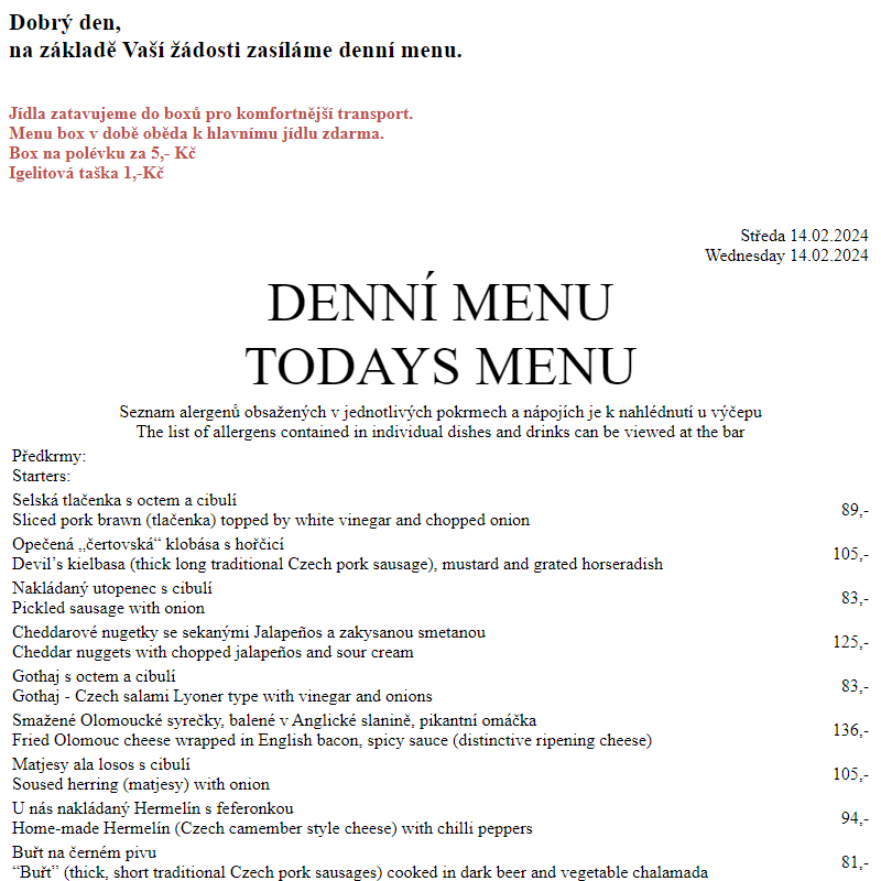 Dejvická sokolovna - Denní menu 14.2.2024
