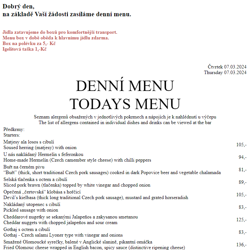 Dejvická sokolovna - Denní menu 7.3.2024