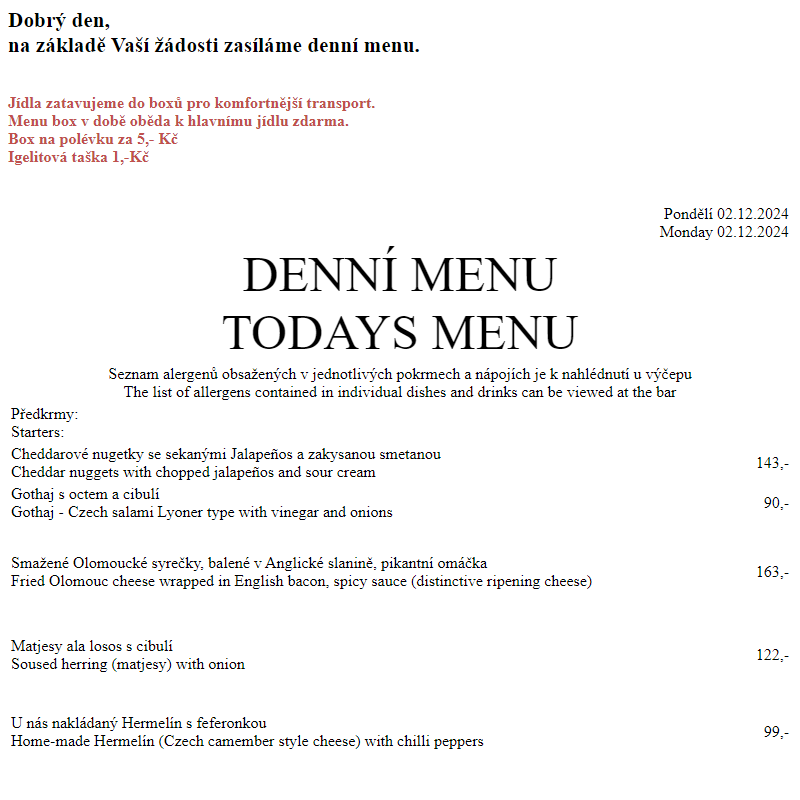 Dejvická sokolovna - Denní menu 2.12.2024