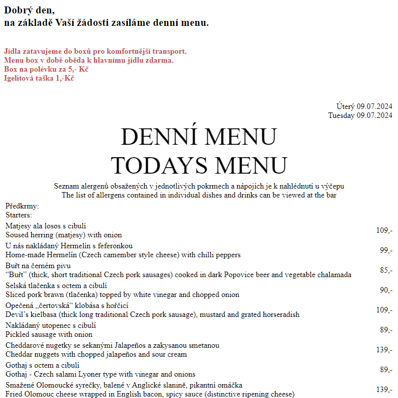 Dejvická sokolovna - Denní menu 9.7.2024