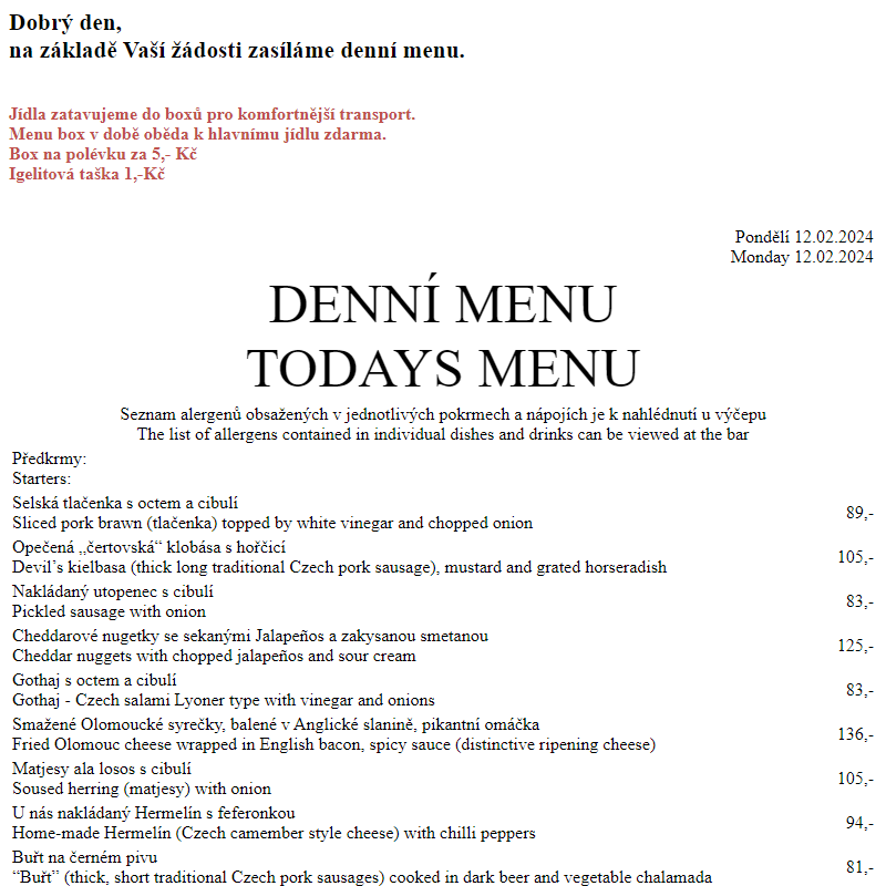 Dejvická sokolovna - Denní menu 12.2.2024