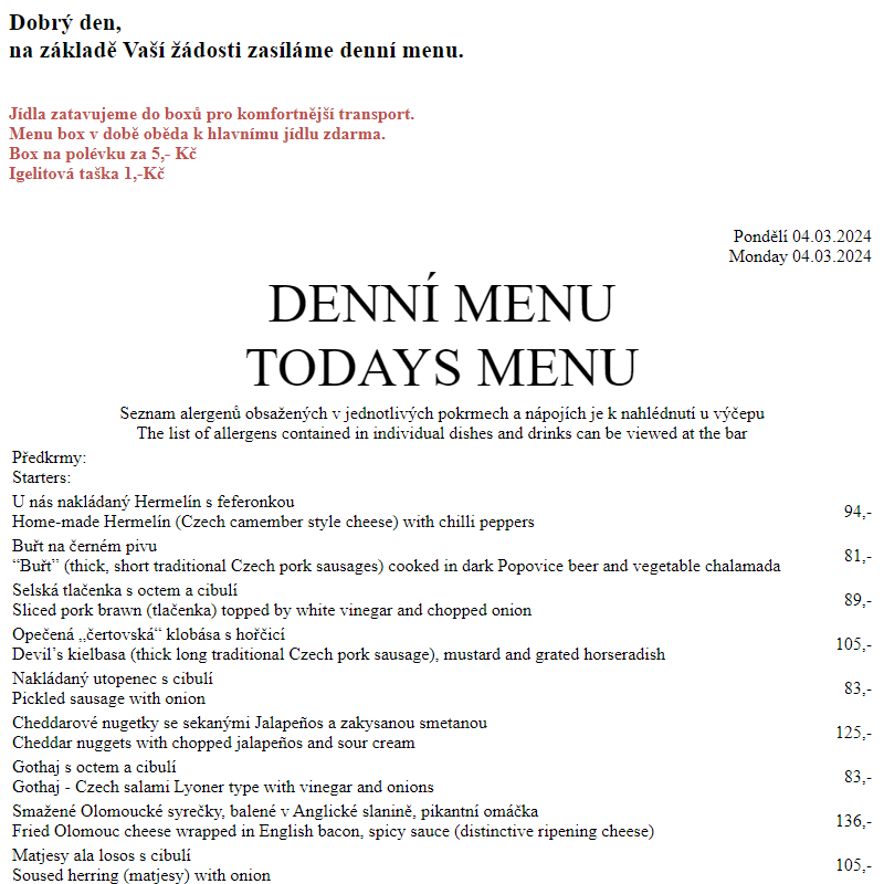 Dejvická sokolovna - Denní menu 4.3.2024