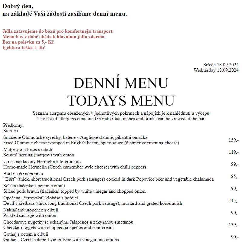 Dejvická sokolovna - Denní menu 18.9.2024