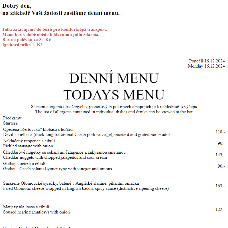 Dejvická sokolovna - Denní menu 16.12.2024