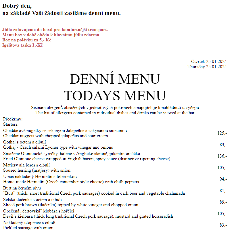 Dejvická sokolovna - Denní menu 25.1.2024