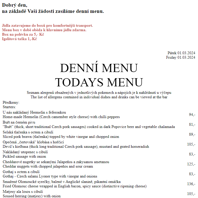 Dejvická sokolovna - Denní menu 1.3.2024