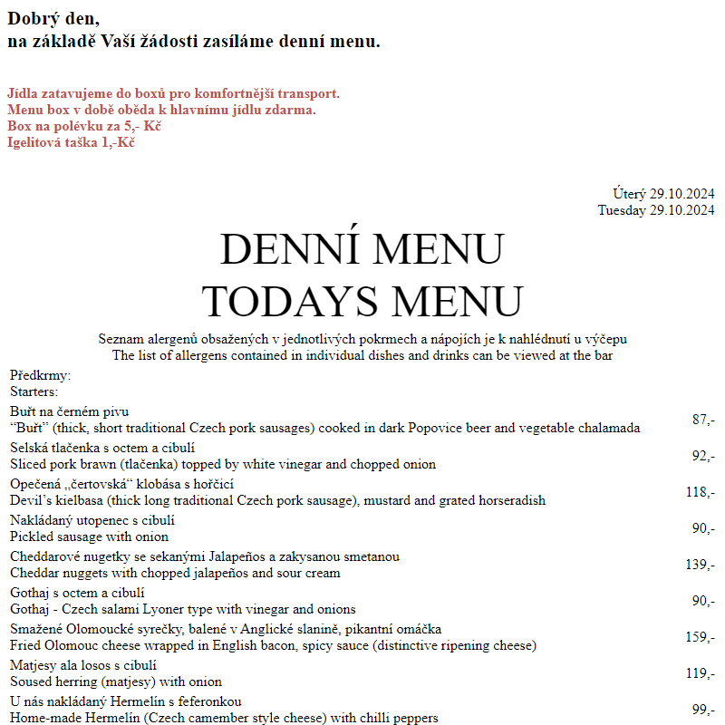 Dejvická sokolovna - Denní menu 29.10.2024