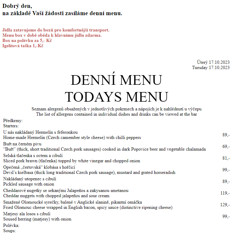 Dejvická sokolovna - Denní menu 17.10.2023