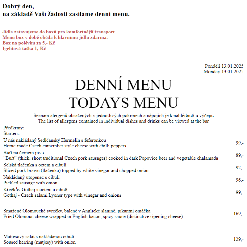 Dejvická sokolovna - Denní menu 13.1.2025