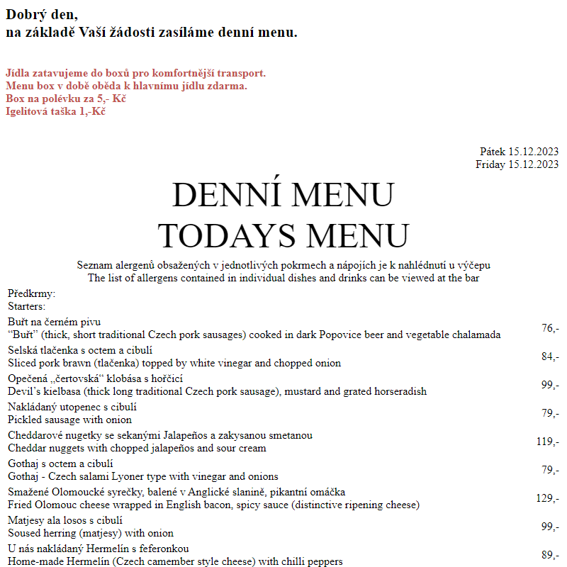Dejvická sokolovna - Denní menu 15.12.2023