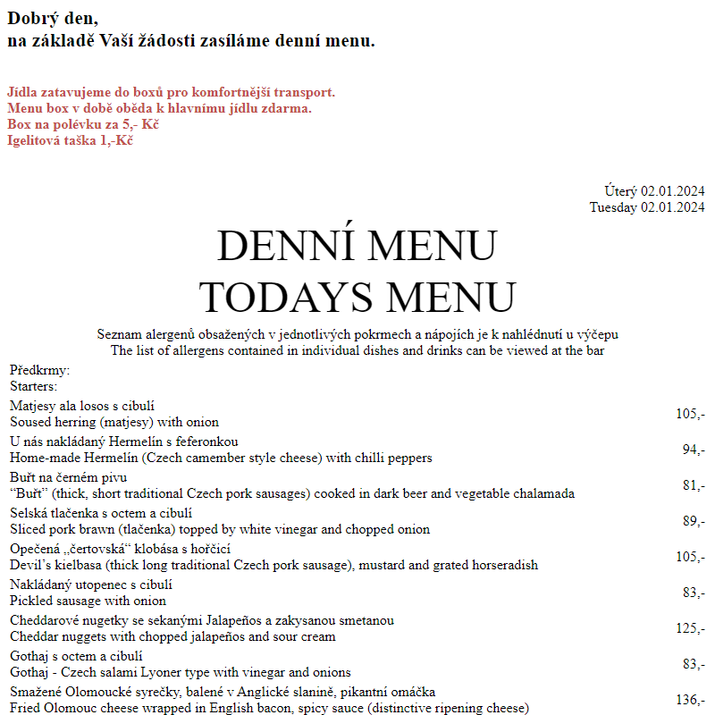 Dejvická sokolovna - Denní menu 2.1.2024