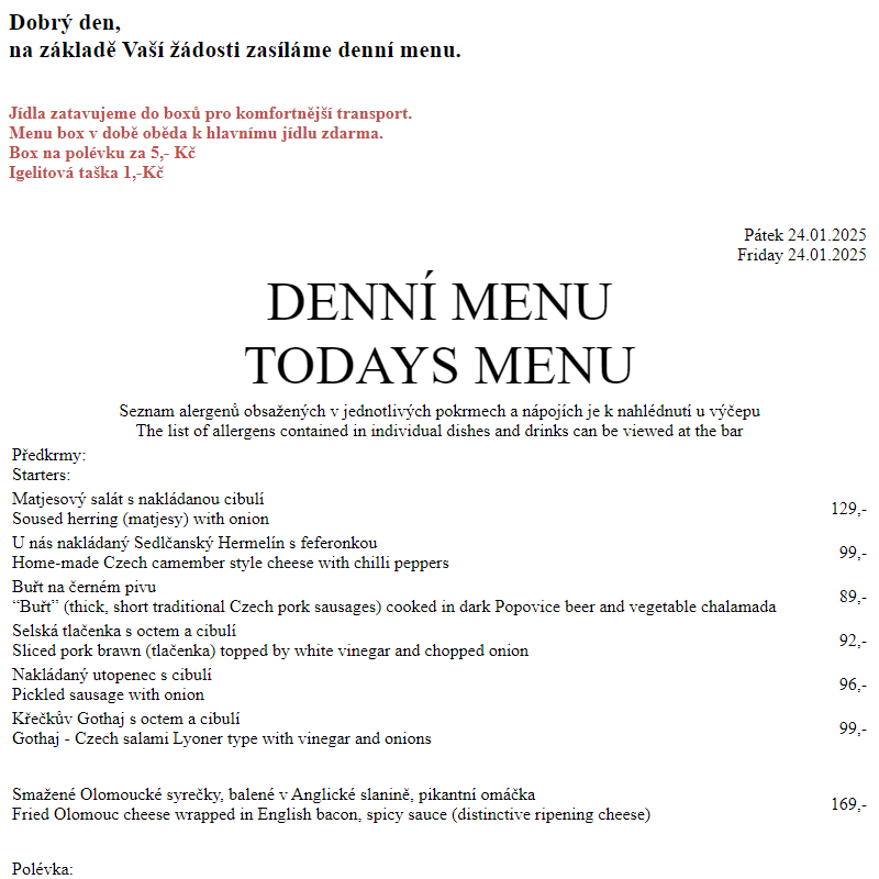 Dejvická sokolovna - Denní menu 24.1.2025