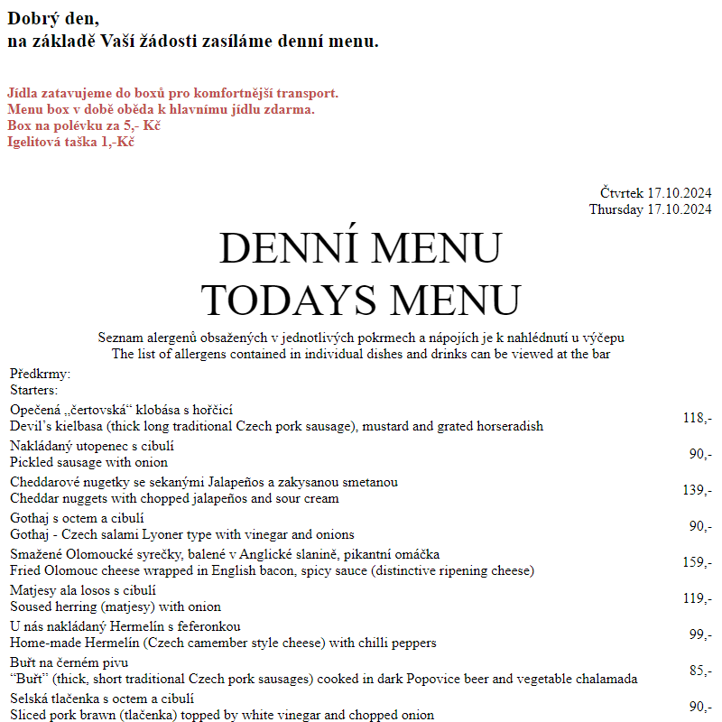 Dejvická sokolovna - Denní menu 17.10.2024