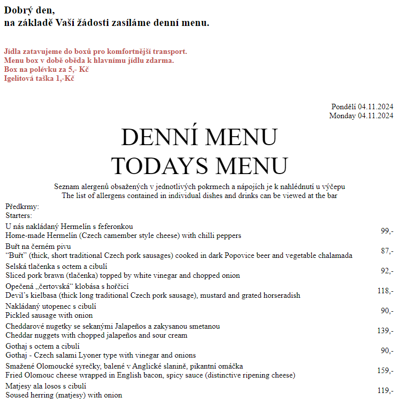 Dejvická sokolovna - Denní menu 4.11.2024