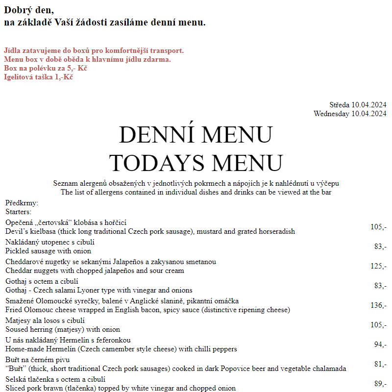 Dejvická sokolovna - Denní menu 10.4.2024