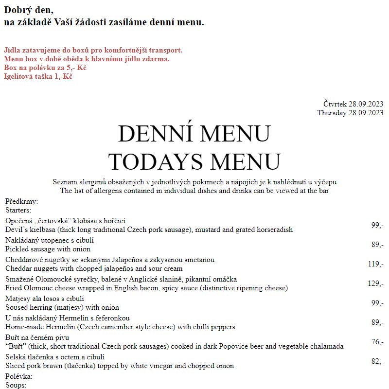 Dejvická sokolovna - Denní menu 28.9.2023