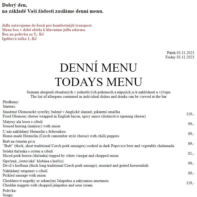 Dejvická sokolovna - Denní menu 3.11.2023