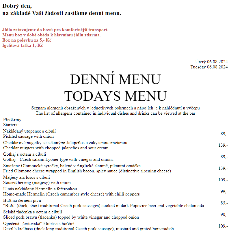 Dejvická sokolovna - Denní menu 6.8.2024