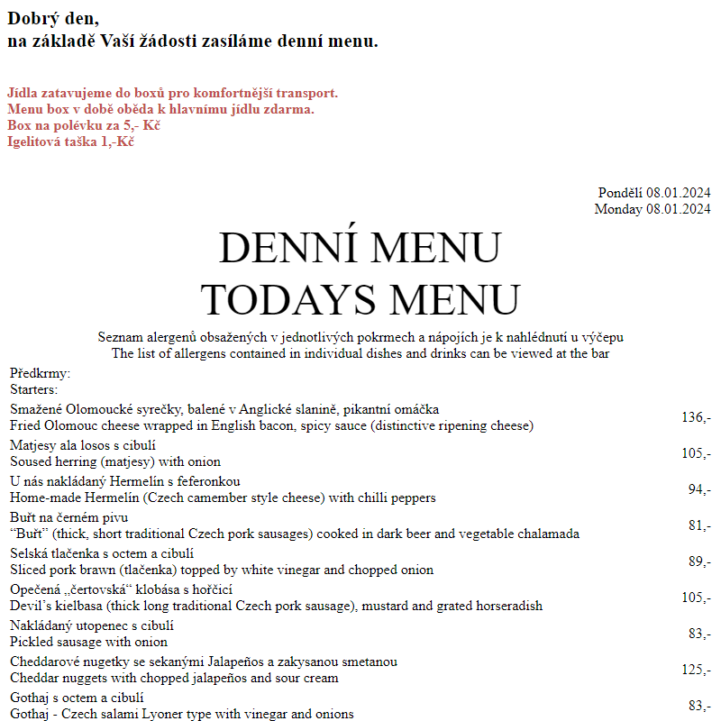 Dejvická sokolovna - Denní menu 8.1.2024