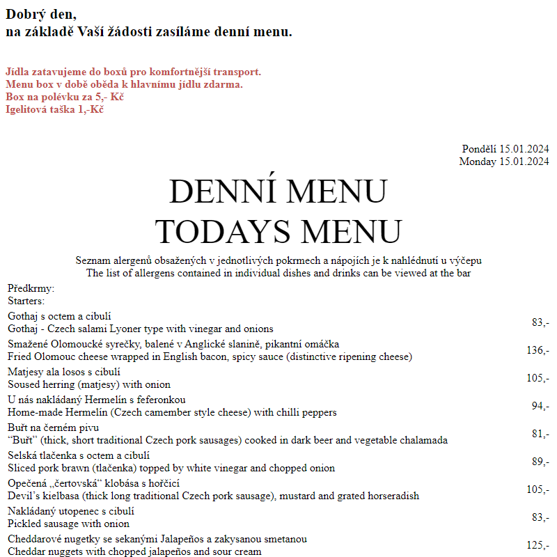 Dejvická sokolovna - Denní menu 15.1.2024