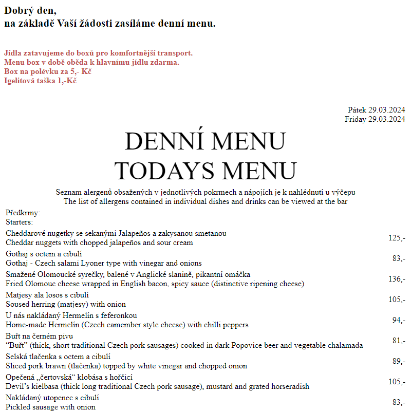 Dejvická sokolovna - Denní menu 29.3.2024