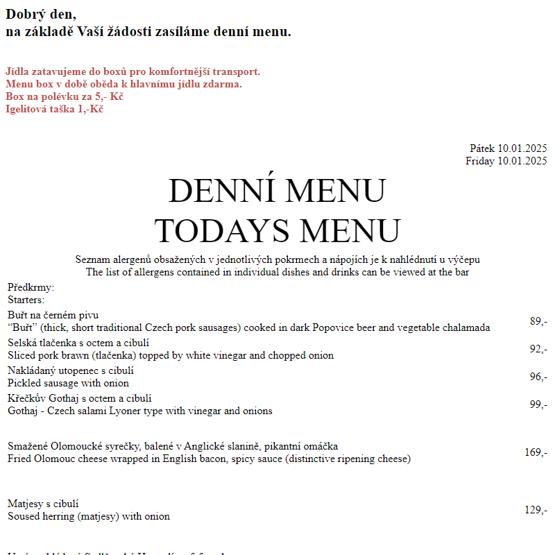 Dejvická sokolovna - Denní menu 10.1.2025