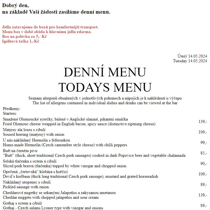Dejvická sokolovna - Denní menu 14.5.2024