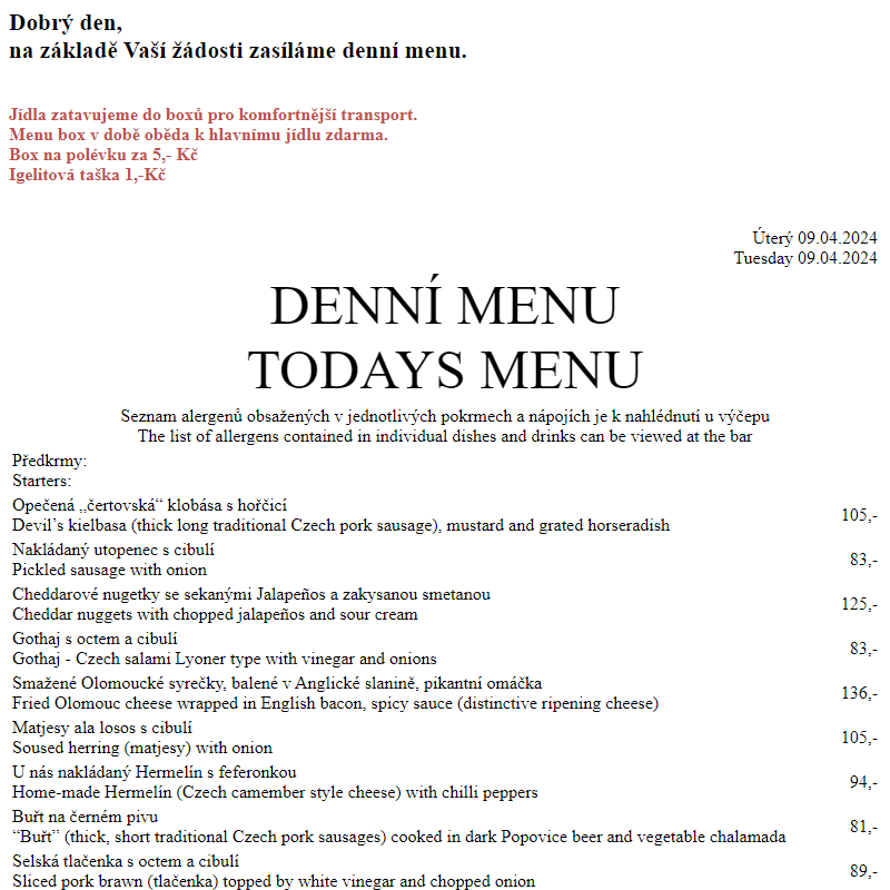 Dejvická sokolovna - Denní menu 9.4.2024
