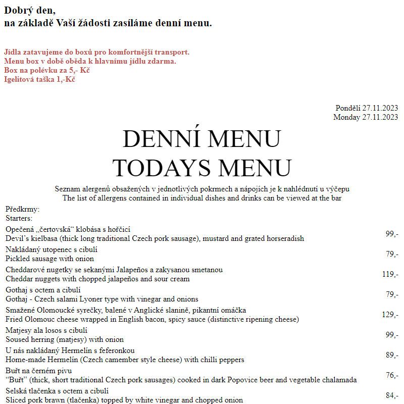 Dejvická sokolovna - Denní menu 27.11.2023