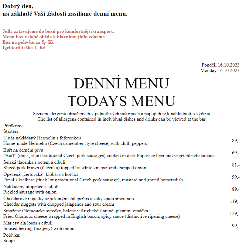 Dejvická sokolovna - Denní menu 16.10.2023