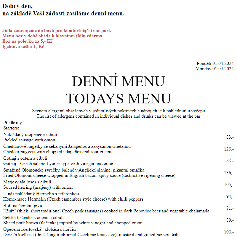 Dejvická sokolovna - Denní menu 1.4.2024